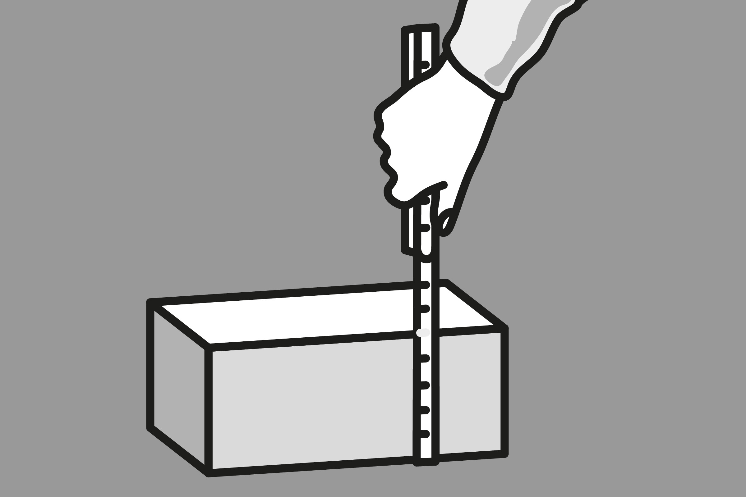 Ilustrație cu o mână care aplică o bandă de măsurare pe un cuboid