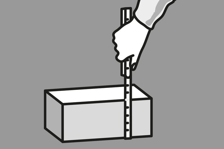 Ilustrație cu o mână care aplică o bandă de măsurare pe un cuboid