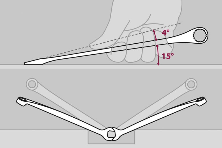 Reprezentare a unei chei fixe cu un unghi de 15 grade și un unghi al capului inelului de 4 grade