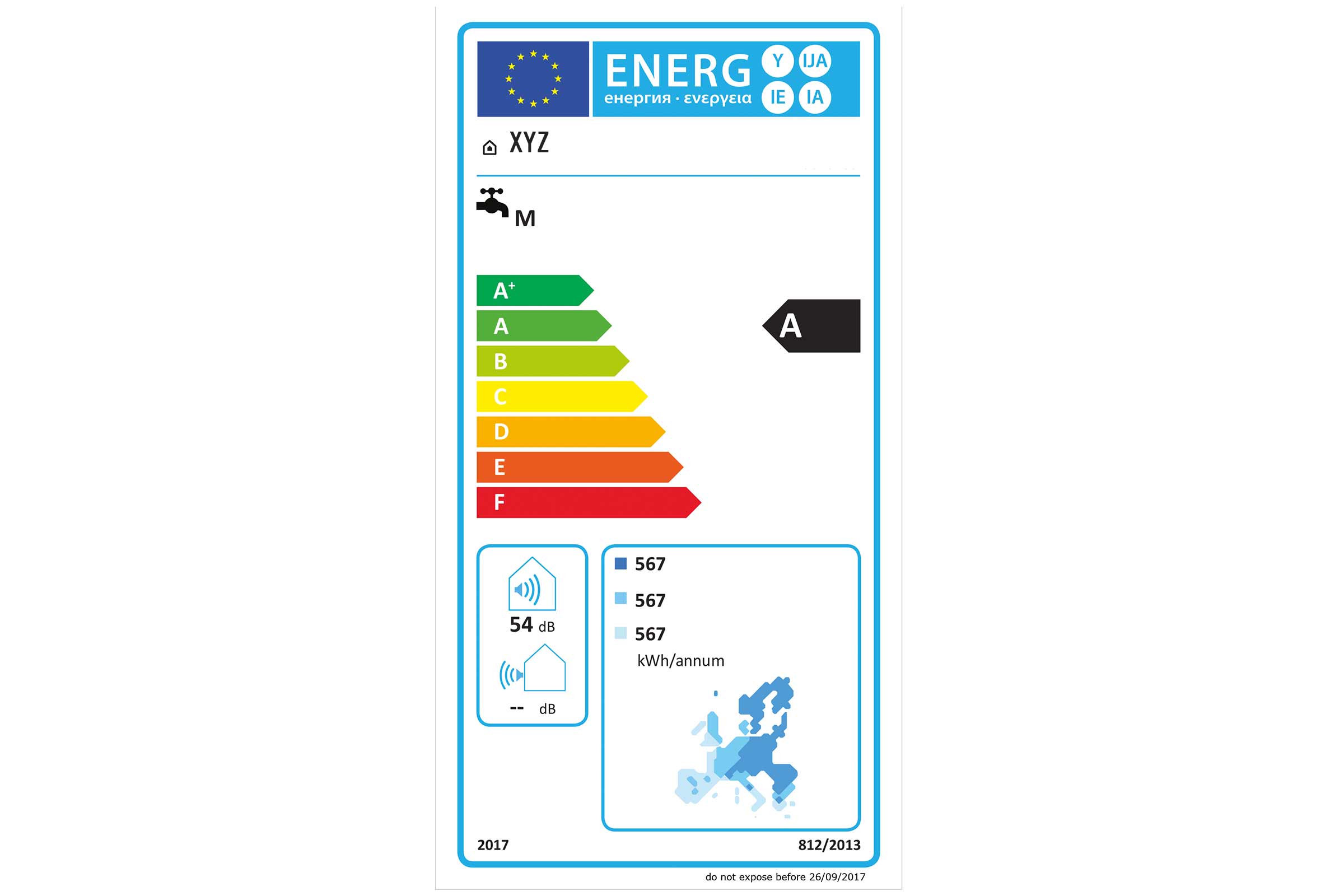 Etichetă energetică pentru robinet, clasa de eficiență energetică A, 54 decibeli