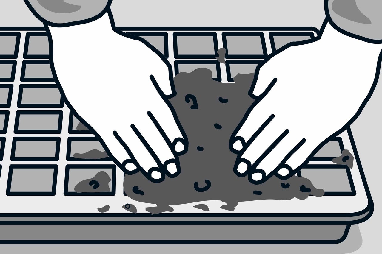 Ilustrație cu o persoană care umple un vas de însămânțare cu pământ.