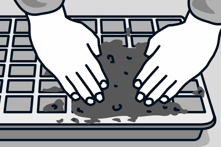 Ilustrație cu o persoană care umple un vas de însămânțare cu pământ.