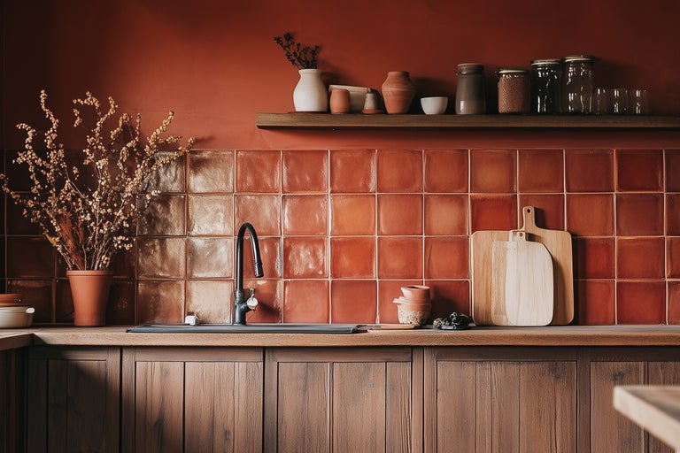 Scenă de bucătărie cu chiuvetă, robinet, faianță, rafturi și decorațiuni în culori calde