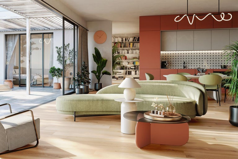 Living luminos cu canapea, masă, scaune și plante