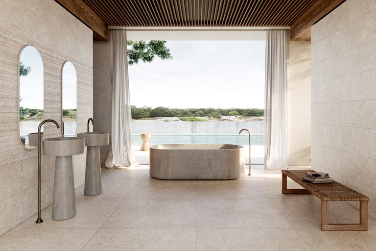 Baie cu cadă, chiuvete, oglinzi și bancă