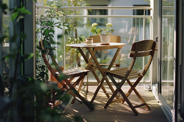 Scenă de balcon cu masă și scaune din lemn, decorate cu plante la ghiveci și ceașcă