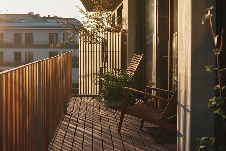 Idee de amenajare pentru un balcon cu mobilă din lemn, gard din lemn și podea din lemn.