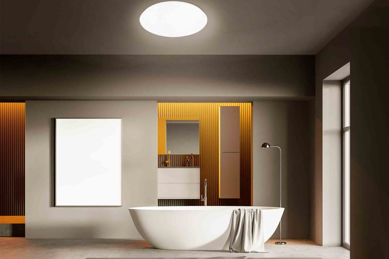 Baie modernă cu cadă freestanding, lavoar și plafonieră