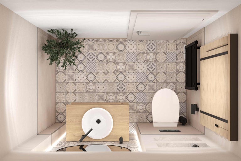 Vedere de sus a unei băi cu chiuvetă, toaletă, radiator, dulap cu oglindă și faianță decorativă