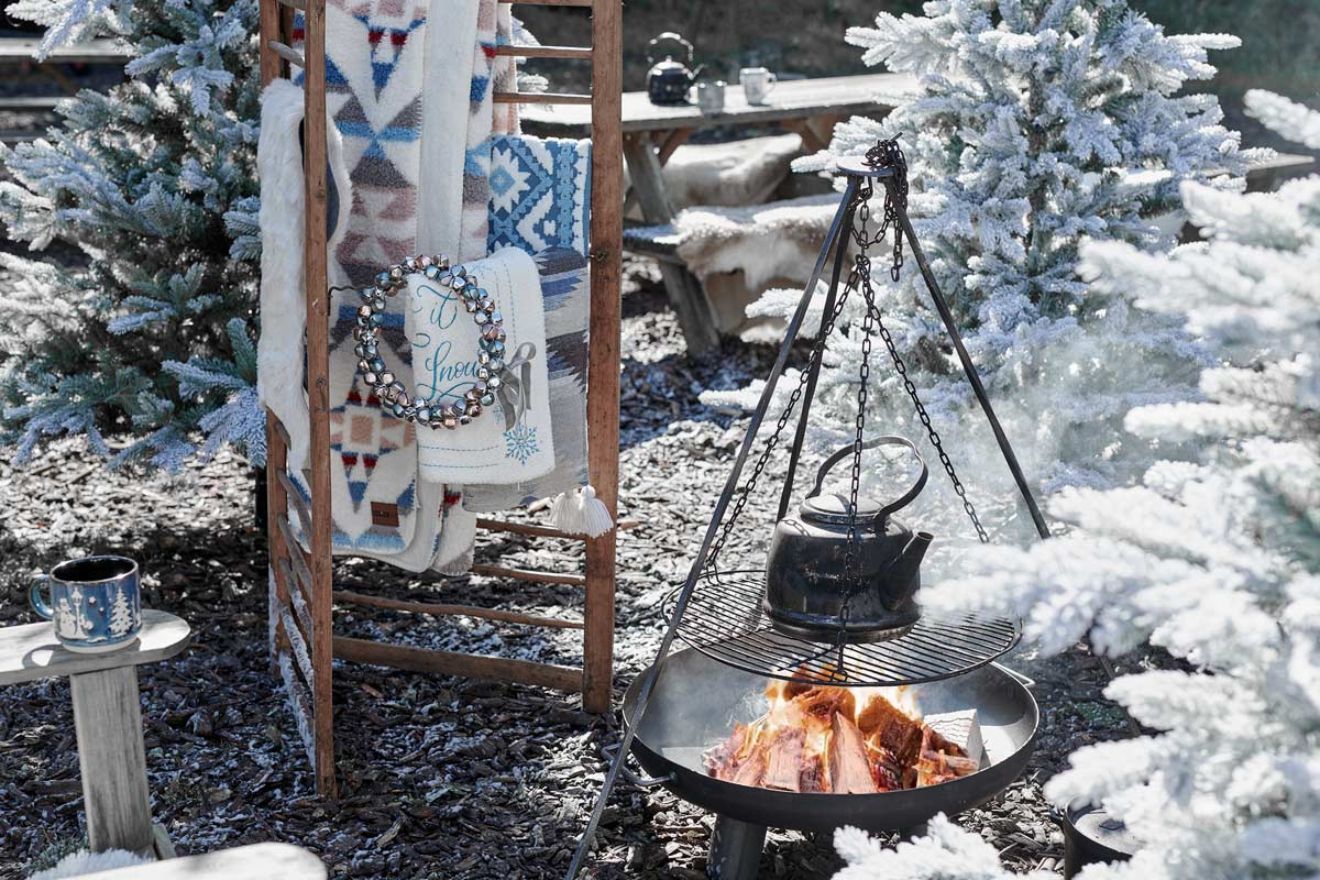 Scenă de grădină de iarnă cu vatră, ceaun, pături pe scară și copaci înzăpeziți.