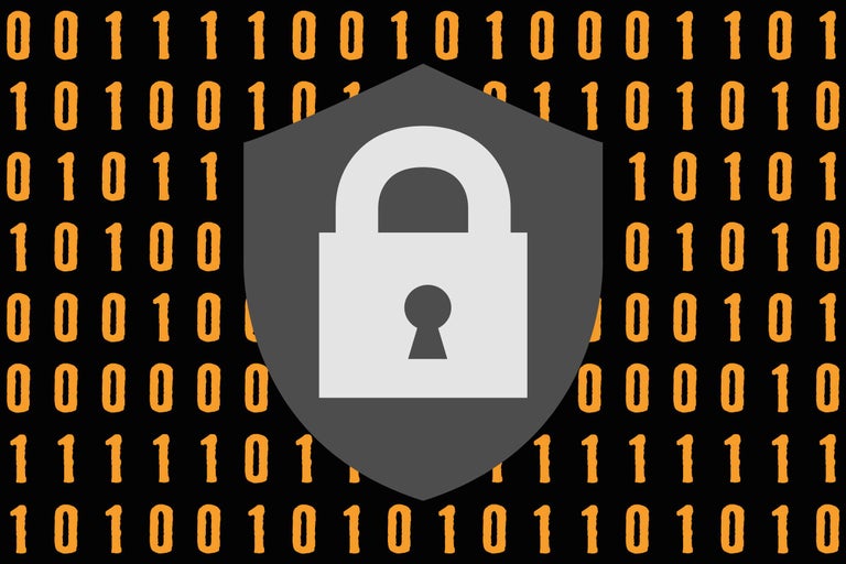 Simbol de securitate: lacăt pe scut în fața codului binar