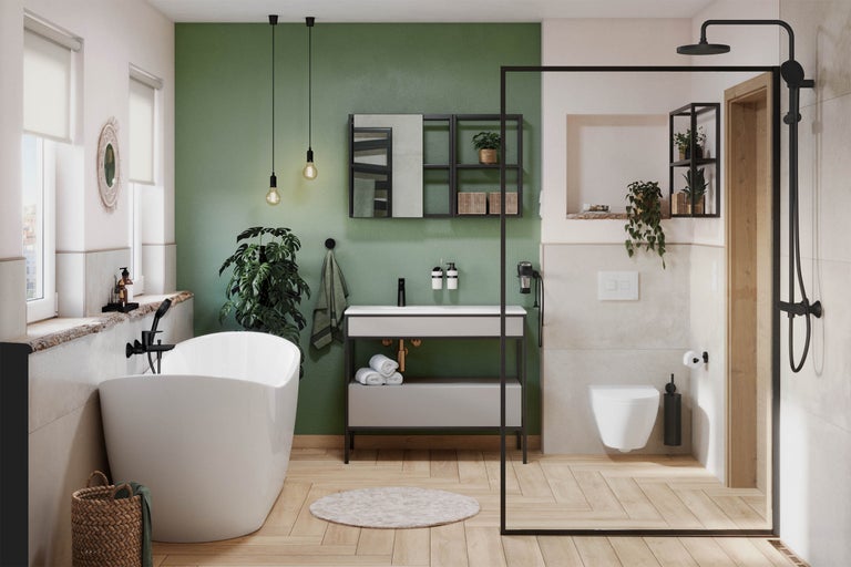 Baie cu cadă independentă, lavoar, duș și toaletă într-o atmosferă luminoasă și prietenoasă