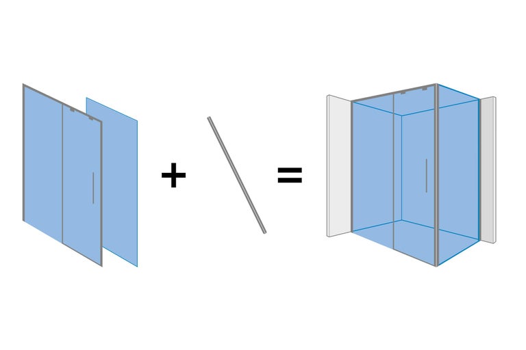 Ilustrație a asamblării unei cabine de duș formată dintr-un perete de duș și o bară de stabilizare