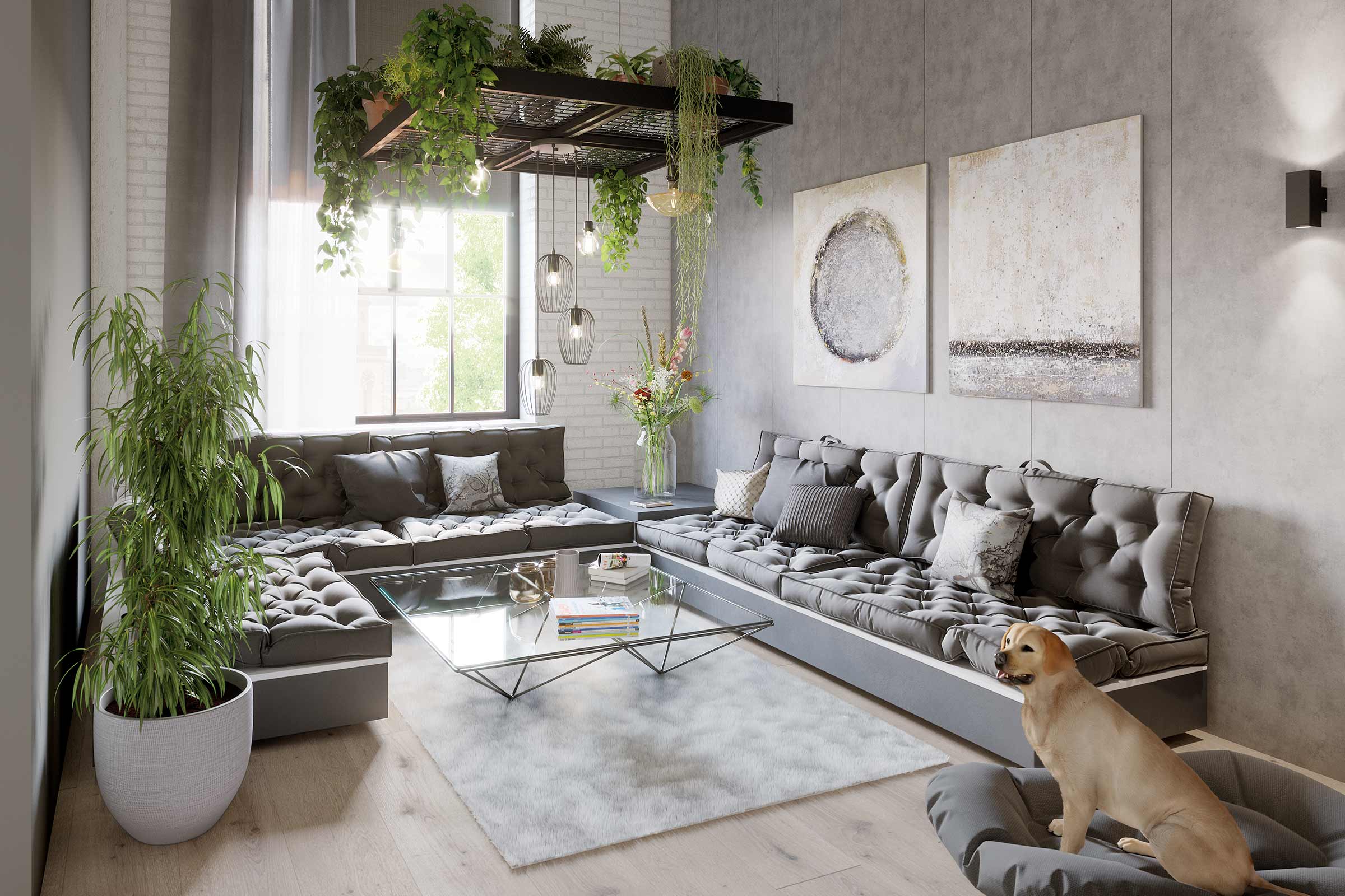 Living cu zonă de relaxare gri, măsuță de cafea din sticlă și decorațiuni precum plante și picturi