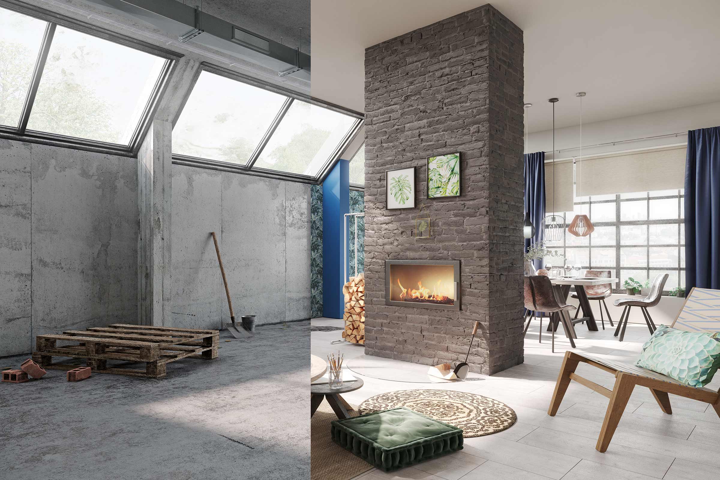Imagine înainte și după a unei camere cu renovare, care arată o îmbunătățire a atmosferei de locuit