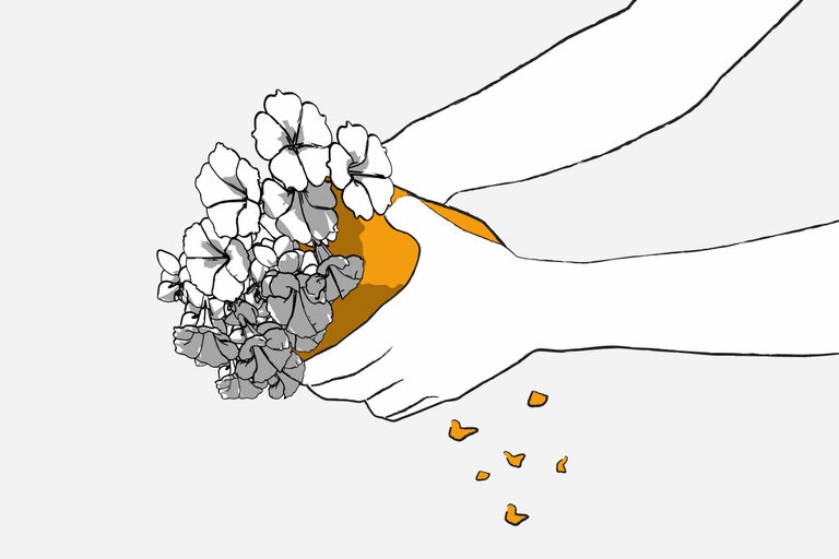 Ilustrație: mâini care țin un bol cu flori