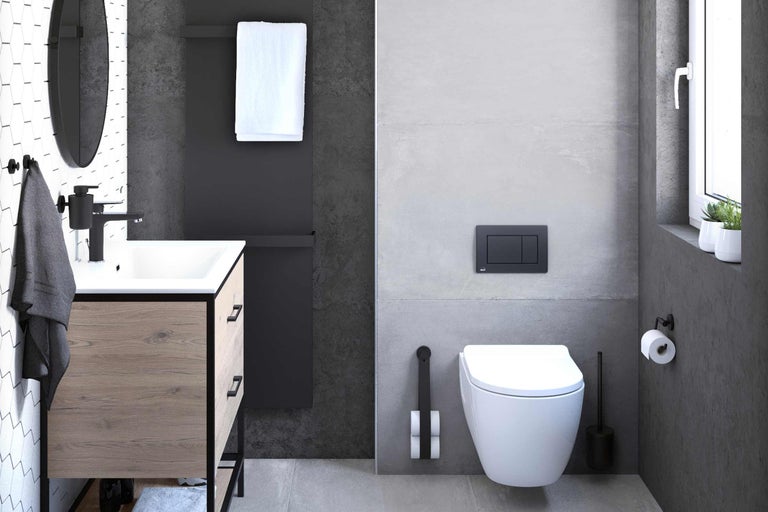 Baie modernă cu lavoar, toaletă și radiator