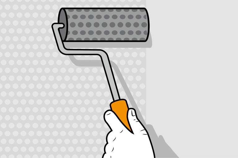 Ilustrație a unei mâini care ține o rolă de vopsea