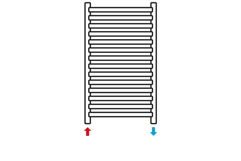 Schema unui radiator de baie cu alimentare și scurgere