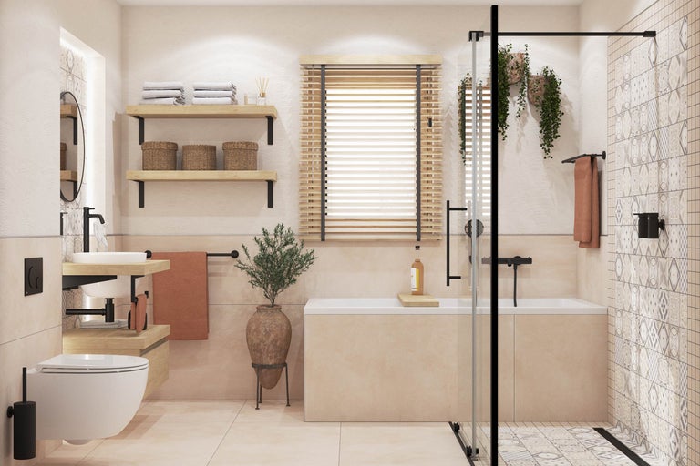 Baie luminoasă cu cadă, duș, chiuvetă, toaletă și rafturi