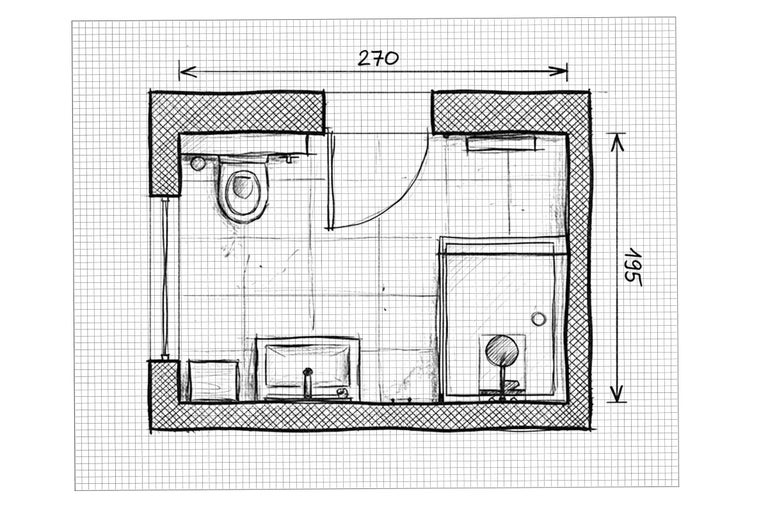 Vedere de sus a planului unei băi cu dimensiuni