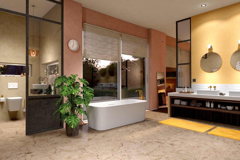 Baie luminoasă cu cadă, chiuvetă și plantă de apartament