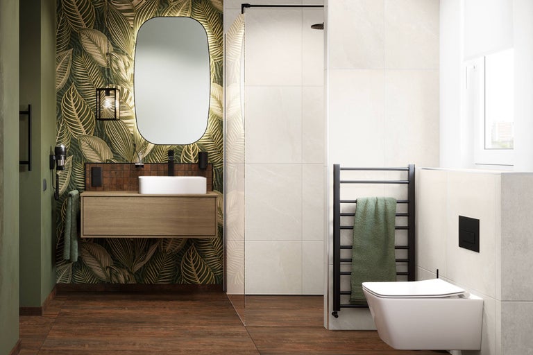 Baie cu lavoar, oglindă, duș, calorifer și toaletă.