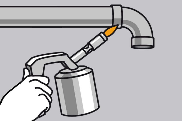 Ilustrație a unei mâini care sudează o țeavă cu o torță.