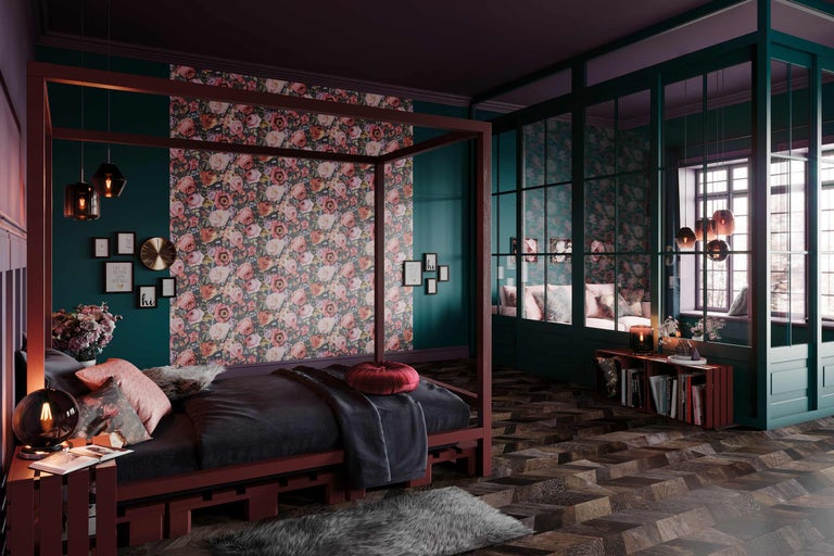 Dormitor cu baldachin, decor floral și bibliotecă