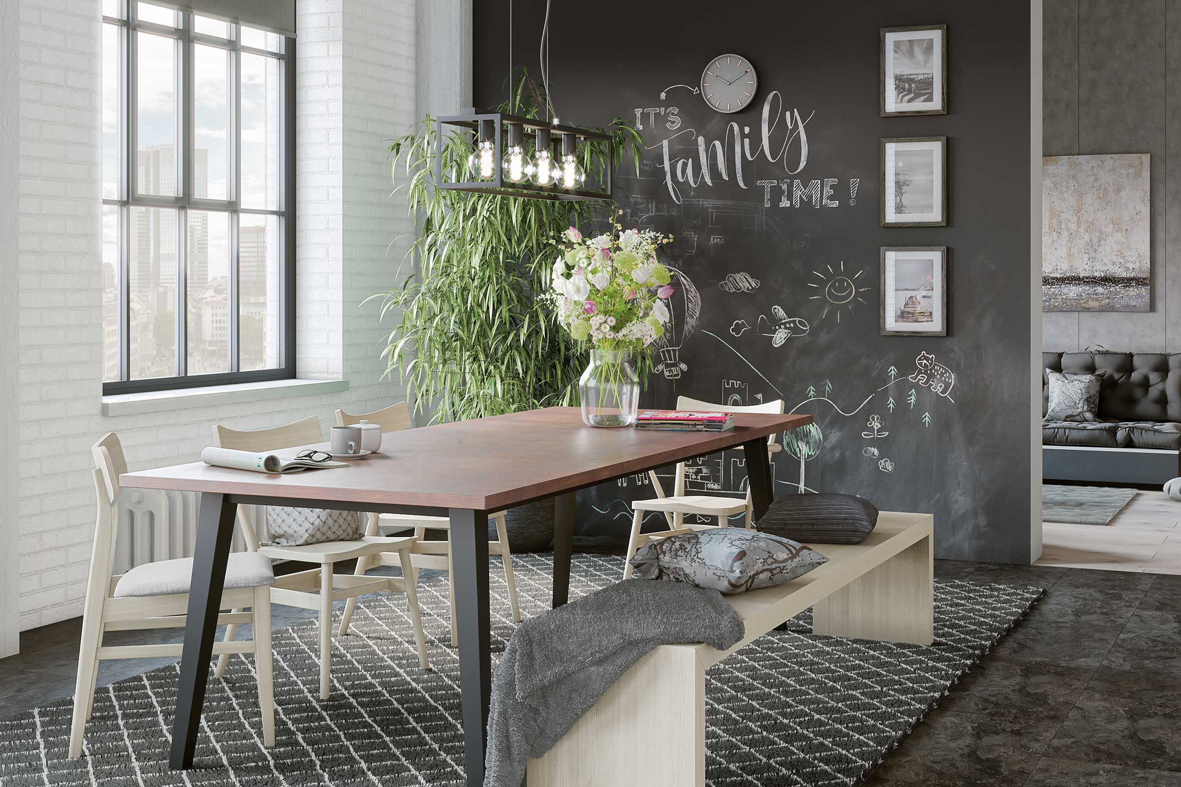 Sufragerie cu masă, scaune, bancă, lampă suspendată și decorațiuni decorative pe perete