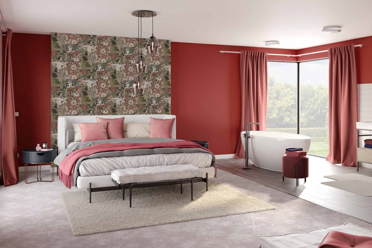 Dormitor luminos cu cadă, tapet cu model și mobilier modern.