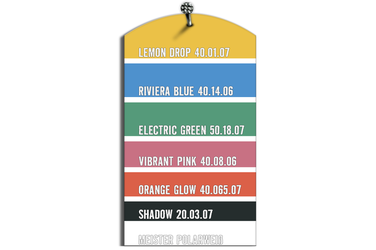 Paletar de culori cu nuanțe precum Lemon Drop, Riviera Blue, Electric Green, Vibrant Pink, Orange Glow, Shadow și Meister Polarweiss