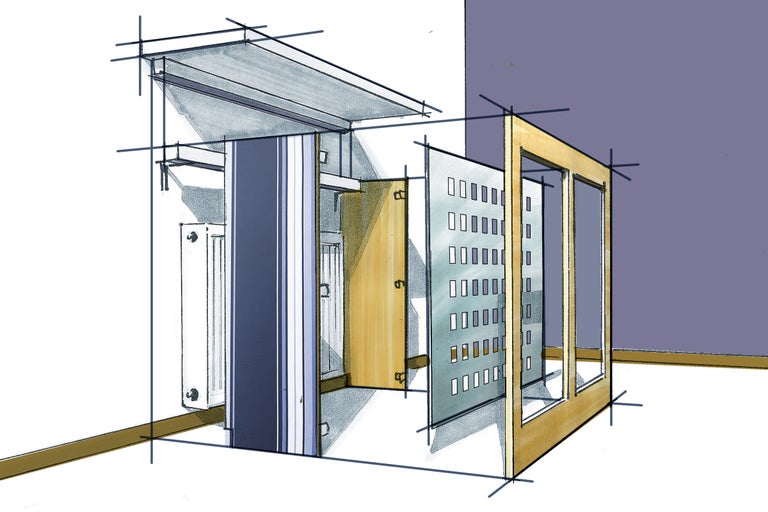 Ilustrație a unui dressing cu rafturi și uși