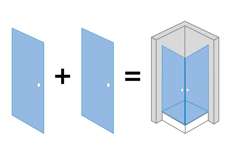 Ilustrație care arată cum două uși de duș sunt asamblate într-un duș de colț