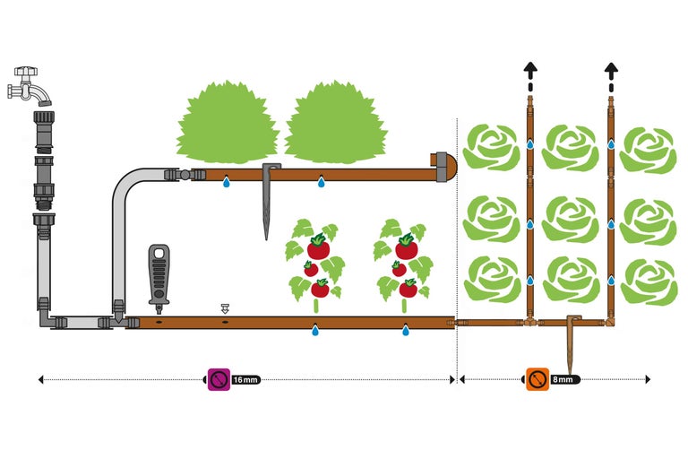 Ilustrație a unui sistem de irigare pentru o grădină cu straturi de legume și plante