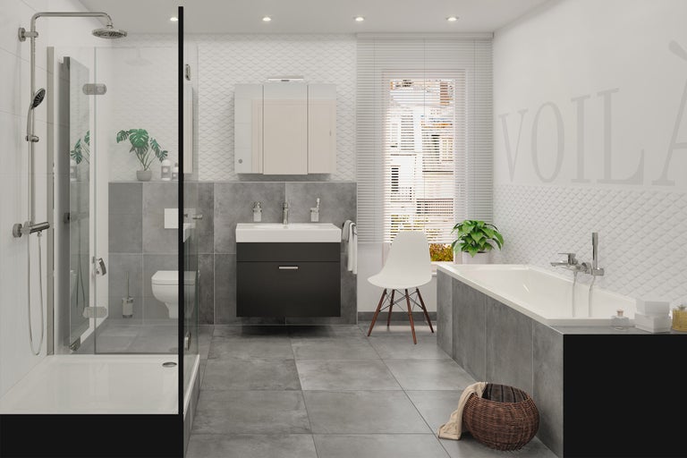 Baie cu duș, chiuvetă, toaletă și cadă într-o cameră luminoasă