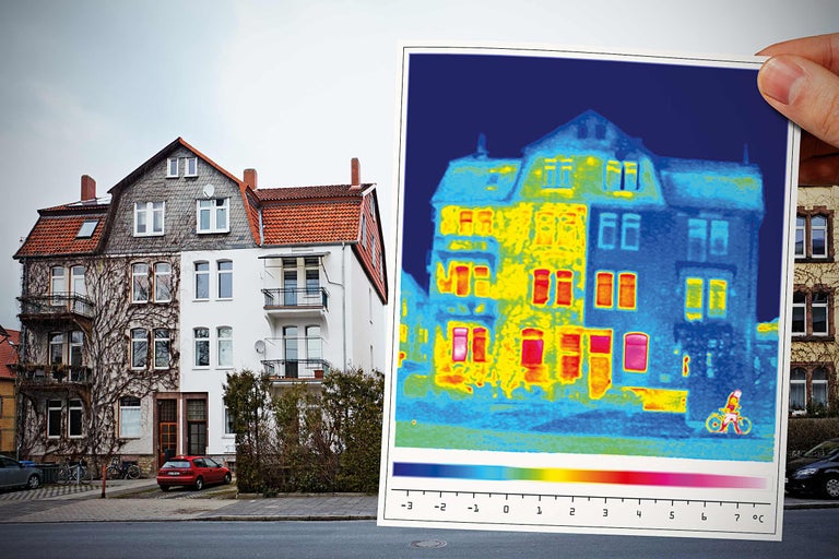 Imagine termografică a unei case care arată pierderile de căldură