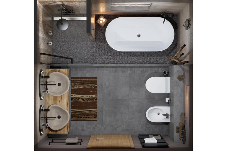 Vedere de sus a unei băi moderne cu duș, cadă de sine stătătoare, lavoar dublu din lemn, toaletă și bidet pe plăci gri.