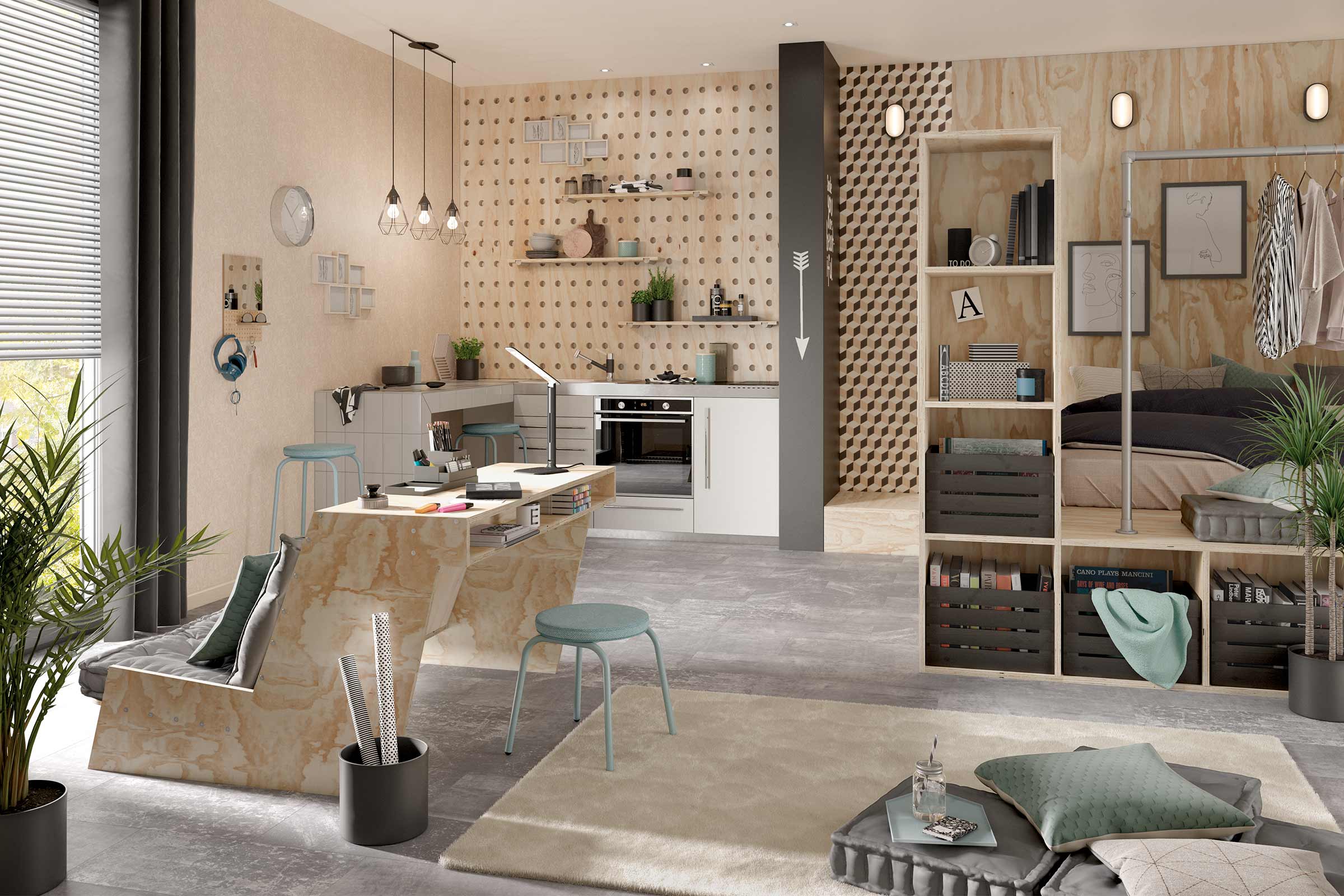 Interior luminos cu birou, bucătărie și zonă de dormit într-un design modern