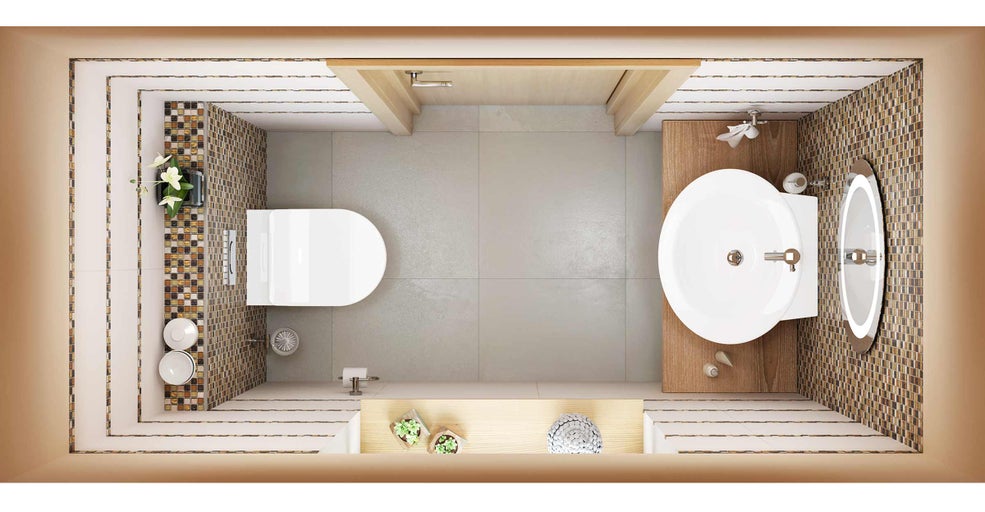 Vedere de sus a băii cu toaletă, chiuvetă, oglindă și gresie