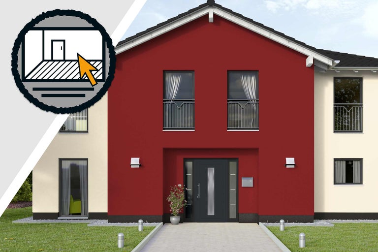 Fațadă de casă cu ușă de intrare, ferestre și simbol pentru design interactiv al casei