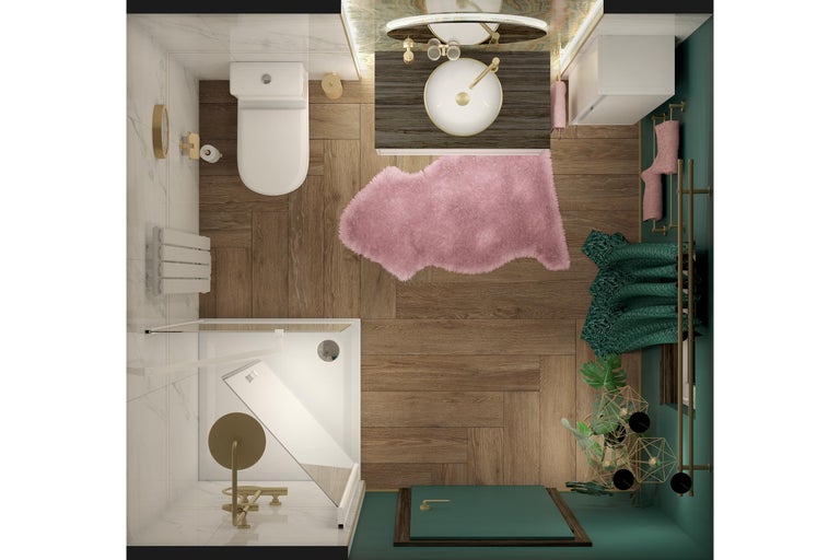 Vedere de sus a unei băi cu duș, toaletă, chiuvetă și accesorii