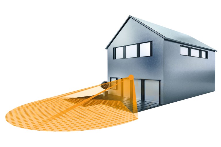 Ilustrație a unei case cu zona de detectare a unui detector de mișcare