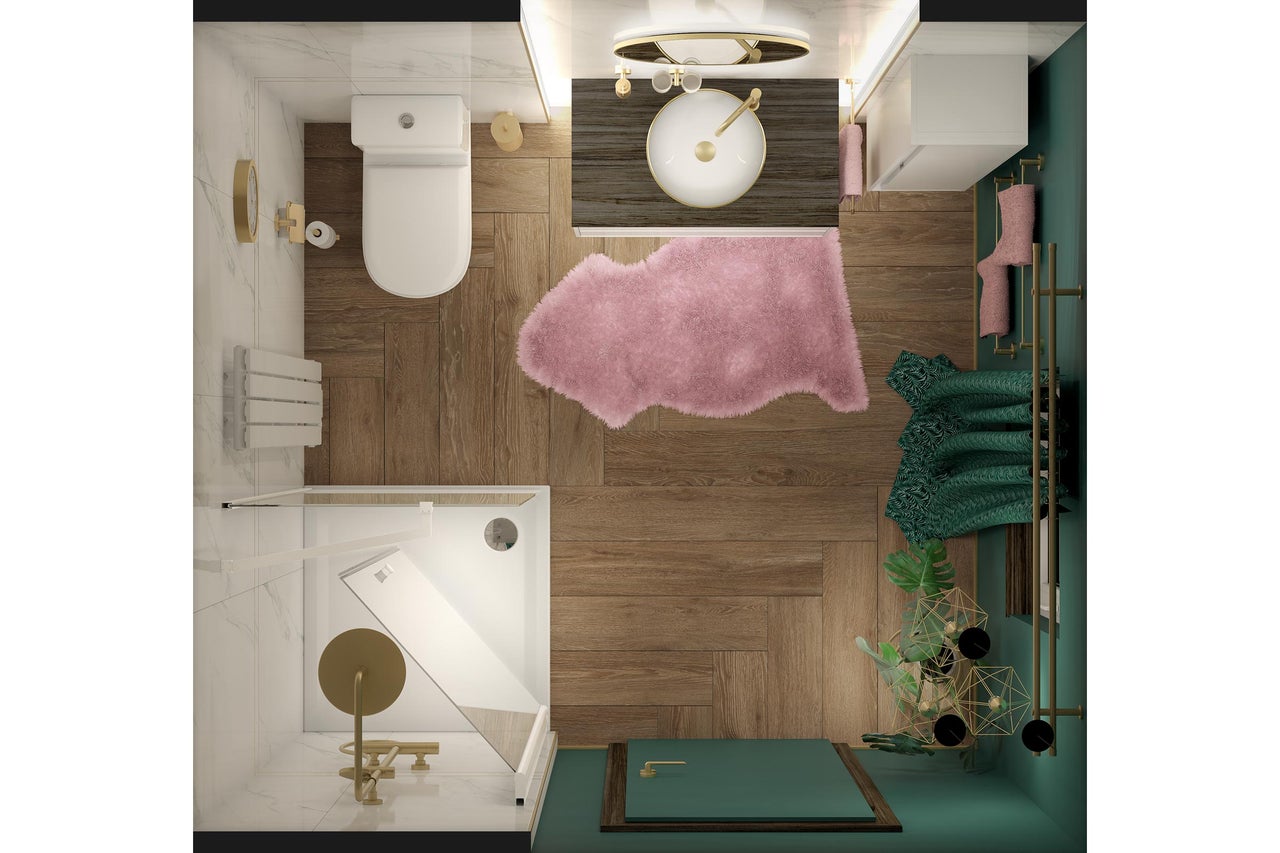 Vedere de sus a unei băi cu toaletă, chiuvetă, duș și accesorii