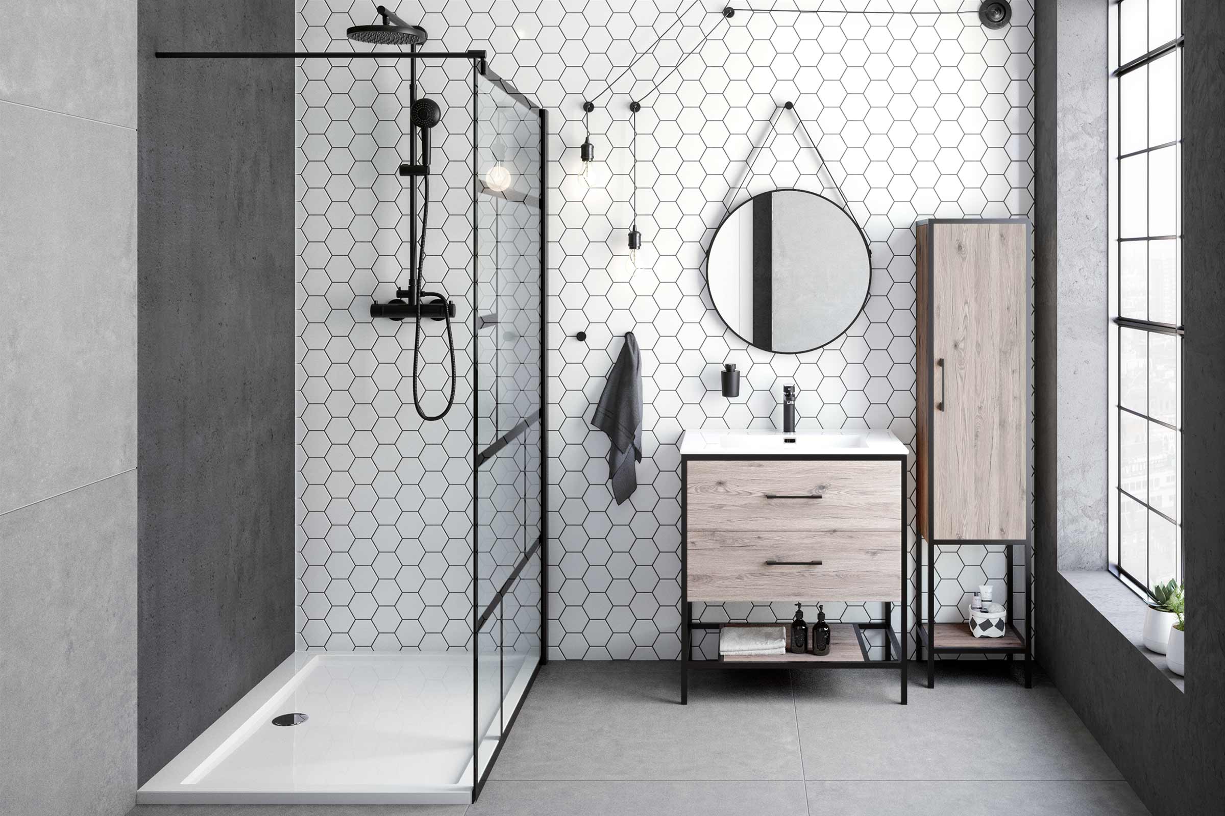 Baie modernă cu duș, lavoar, dulap cu oglindă și plăci de perete hexagonale