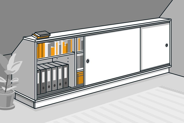 Ilustrație a unui dulap de birou cu uși glisante și bibliorafturi