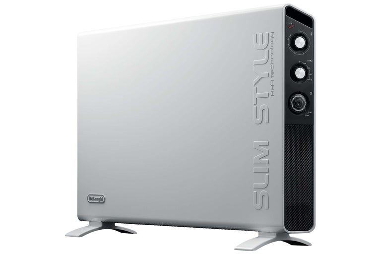 Radiator electric cu convecție alb, cu panou de control și logo DeLonghi