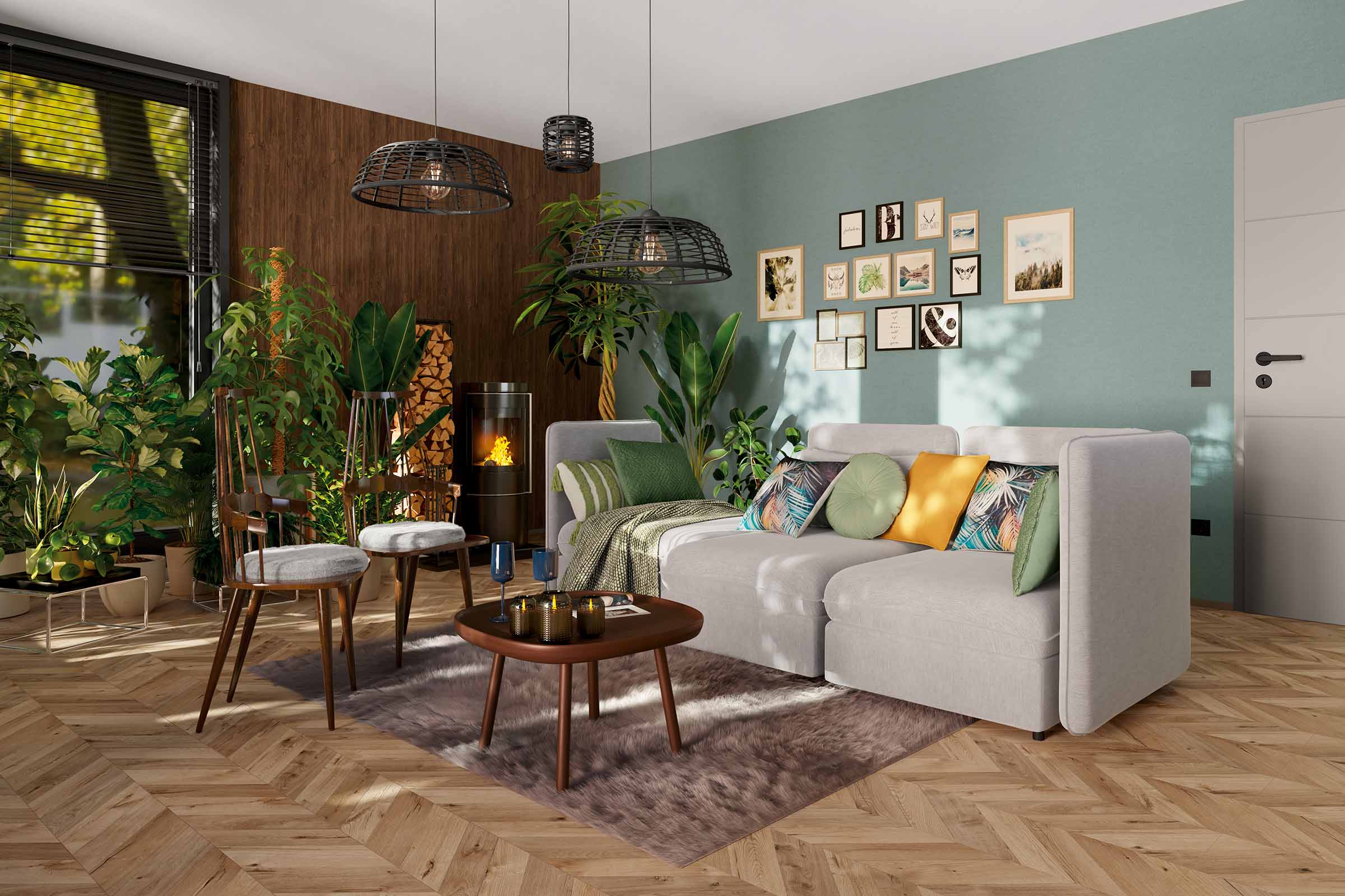 Living cu canapea, măsuță de cafea, sobă și decorațiuni pentru o ambianță confortabilă