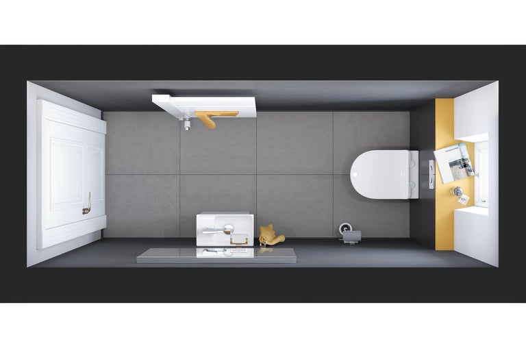 Vedere de sus a unei băi cu toaletă, chiuvetă și suport pentru prosoape