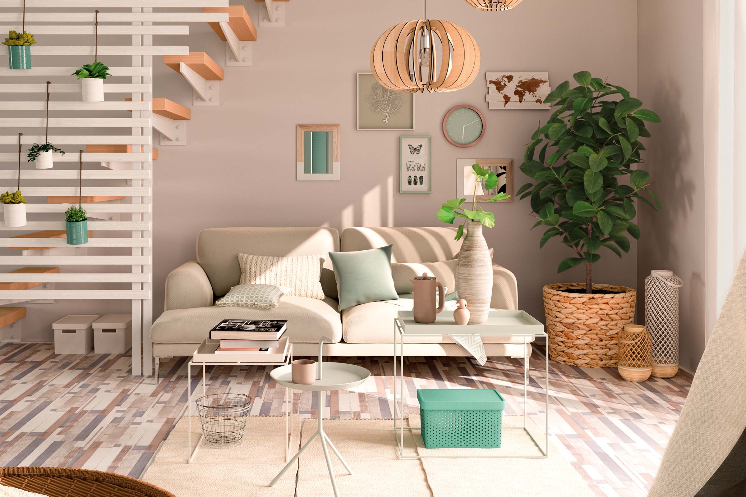 Living luminos cu canapea, măsuțe laterale, plante de interior și elemente decorative